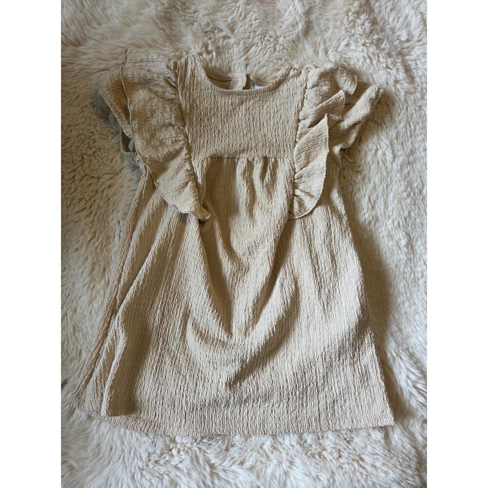 Zara Beige Ruffle Smocked Flutter Sleeve Crinkle Mini Dress size3-4